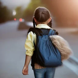 a cute girl who is around the age of 6 years ago caring her school bag as she is on her way to school , dramatic, dramatic lighting, volumetric lighting, hyperrealism, 8k, high quality, photorealistic, lot of details