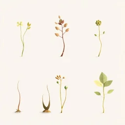 concept art of six low poly stylized alien dry single leaf plant on a neutral background. Strange fictional extraterrestrial flora with unusual shapes