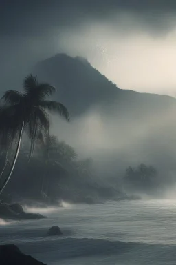 Creat a cost of an island filled with palms tree with a mountain in the background and a thunderstorms and rain and foggy clouds and high waves, cinematic, 8k, high quality photo , thine line draw texture and dim sun light behind the clouds
