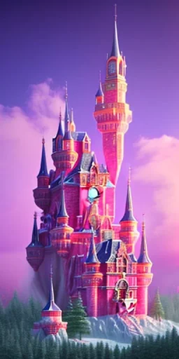 Ice cube shaped castle. pink houses, pink sky, pink smoke, trees, outdoors. street.