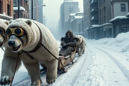 zombie polar bear mutant creatures in harnesses pulling a sled carrying a man dressed in steampunk snow goggles, head-wrapping, and heavy robes; middle of a street in an empty destroyed crumbling city, post-apocalyptic winter dystopia,, massive snow drifts, ice particles, dramatic