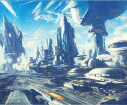 Spaceship starting from a Spaceport on a heavy industrialized planet with a vibrant city in the background, art by John Berkey, buildings with glass facades, insanely detailed, vibrant, 8k uhd, cinematic atmosphere, ultra-wide angle, street level view, brush strokes, blue sky with clouds, sharp focus