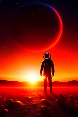 dark planet with three moons, at sunset with astronaut