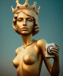 Statue of Queen of photography. Cute blonde woman. Photographer in golden crown. Standing on the street. Big camera in her hand. hyperdetailed, photorealistic, trending on artstation, greg rutkowski, beksinski, kodachrome