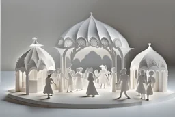 A small market made of 6 whimsical, white gazebos with people walking by. A papercraft composition made of lightweight white cardboard, on a light background. Centered in the frame, with ample white space around. Papercraft, fairytale, children popup book, soft shadows, ambient occlusion, studio lighting, high quality studio advertising photography, 8k, tim burton, nightmare before christmas, pointy sharp gothic look, sleepy hollow, corpse bride, edward scissorhands, carillon.