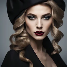 avant-garde photo portrait of a woman with brightly highlighted lips and eyes, stylish hairstyle, hair covering half of her face, masterpiece, photo