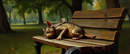 master oil painting by Rembrandt, kobold gremlin sleeping on a bench in the park