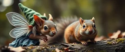 close up on pixie elf gnome and a squirrel intense huge funny mouse, with background motion blur, in magical forest scene, in the style of Rembrandt
