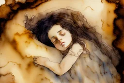 Small girl with long curly brown hair sleeping in god's hand (a big, clear hand) watercolor and ink, golden patina, glitters in ochre, backlit, mist and fog