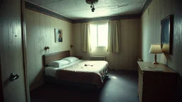 inside a cheap, seedy motel room, bright light, dirty, empty room, grainy candid photograph, crime scene, documentary style, bright flash photography