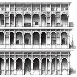  building cross section, interior croquis, Vignola classicism architecture,building cross section, interior view of building from exterior +Book illustration by , Jean Baptiste Monge, strong lines, high contrast vibrant colors, highly detailed, 16k resolution, trending on behance