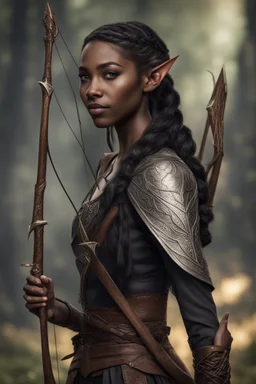 young elven woman, dark skin, brown eyes, braided black hair, dressed in elven clothing, carrying bow and arrow