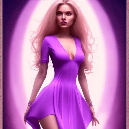 alluring slim witch of darkness in tight purple dress with very long brown-hair and blonde bangs