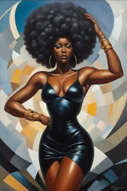 In this futurism oil painting, a stunning black woman is the centerpiece, embodying strength, beauty, and pride. She is depicted bending down gracefully, her body curving elegantly, as she holds her voluminous afro hair in her hands. Her face is adorned with prominent makeup, featuring lush lashes that accentuate her expressive eyes. The canvas is filled with vibrant colors, with the woman's afro hair taking center stage. Each curl is meticulously detailed, with a riot of colors cascading down