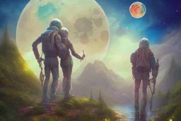 illustration concept art water color style for teenagers in other planet watching the moon and mountains having adventure two teenagers are walking mystery weird cretures mushrooms journey