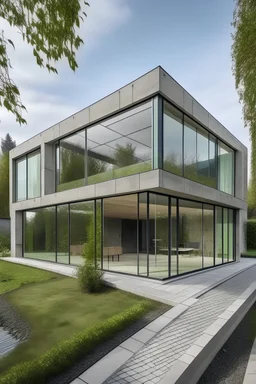 une maison en béton apparents dans la terre avec une façade visible en vitre