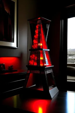 gaming table lamp inspired by avengers stark tower buliding architecture futuristic-modern stlye. piramid form, red and black color scheme