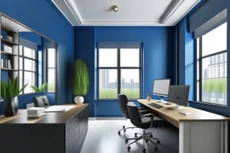 Manager's office with blue and residential walls