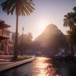 Sultanahmet, spring, sunset, fantasy art, waterfall, palms, lake and blue sky, realistic, unreal engine 5, octane render, cinema4d