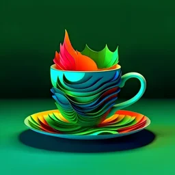 a cup of green tea design, trippy, bunchy, 3d lighting, 3d, realistic head, colorful, cut out, modern, symmetrical, center, abstract