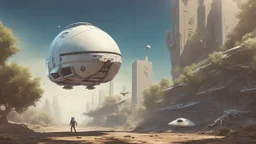 Small, sleek cargo spaceship, built like a teardrop, landing in an empty ruined alien street, blue sky, foliage