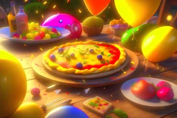 Luftballons, Limonade, vegetarische Pizza, Konfetti, Girlanden, fotorealistisch, Brause, Sommer, Spiel