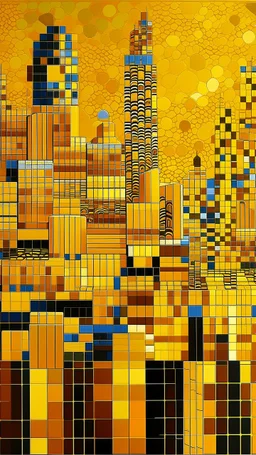 A golden yellow city made out of blocks designed in Navajo woven art painted by Victor Vasarely