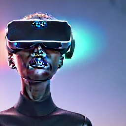 Sasha Luss with a VR headset running in futuristic Edimburgh on chrome water and rainbow sky