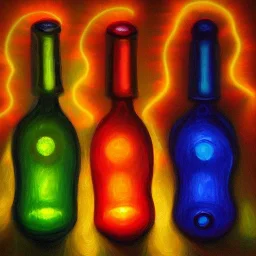 light drawing botles lotus, oil painting, backlit, colorful, happy