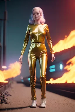 retro sci-fi portrait image from 1980, supermarket explosions, fire, people running, sweet young blonde woman walking, tight latex suit, soft color, highly detailed, unreal engine 5, ray tracing, RTX, lumen lighting, ultra detail, volumetric lighting, 3d, finely drawn, high definition, high resolution.