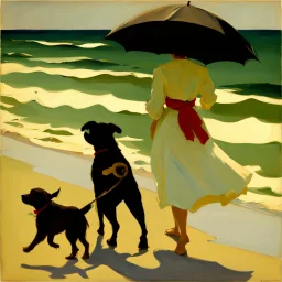 A young woman with an umbrella walks with a dog on the beach, 19th century, in the style of Joaquin Sorolla, light and color,