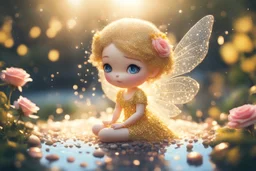 double exposure, only dots, golden glitter and pebbles, cute chibi anime rose fairy, fountain, garden, forget me nots and roses in sunshine, backlit, ethereal, cinematic postprocessing, bokeh, dof