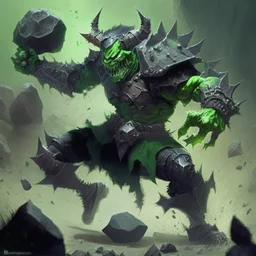 demoniode armadura verde con negro lanzando una roca