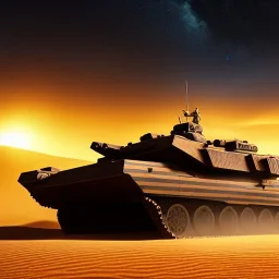 volumetric dramatic desert Battle scene with futuristic hovering military armored Hovercraft tank painted by chris foss,Laser turret, floating, 4k, 8k, Minutiae, highly detailed, rivets, hovering, stripes, sunset duststorm, nimbus clouds