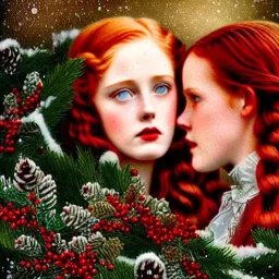 young Deborah Ann Woll and teen Robyn Lively, beautiful faces, meticulously detailed red hair; forest, snow, ethereal fantasy maximalist matte painting. Hues of Christmas. realistic. Victorian era, snowflakes, holly, pinecones, old fashioned, vintage, antique, beautiful, renaissance, 16k