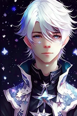 young anime boy, symmetrical eyes with white hair and stars on his fantasy styled clothes, enchanting and alluring, tetsuya nomura