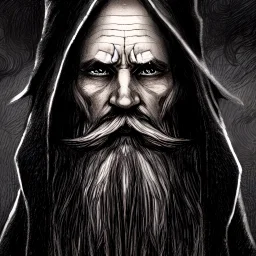 a short wizard with a tall hat, long black hair and beard, detailed rugged and elderly face, tall, fantasy magic, worn out mythical robe, dark light night, intricate, elegant, sharp focus, illustration, highly detailed, complementary colors, colorful, highly detailed abbey background, concept art, matte, art by john avon and christopher rush and Veronique Meignaud, masterpiece