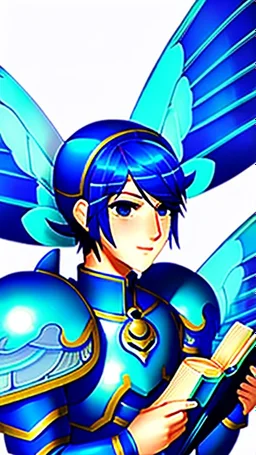 a human male with blue short hair and blue wings in assymetrical armor with geometric patterns and a book in hand