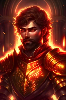 holy knight. red and gold armor, male, brown hair, dark fantasy them, yellow eyes, glowing eyes, short hair, beard, temple background