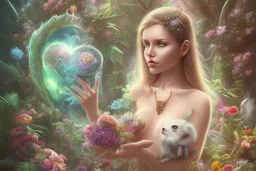 Lilith, Goddess, tropical flowers, realistic heart drawing, crystals, tropical leaves, sacred altar, Fantasy home, Helen with cute animal