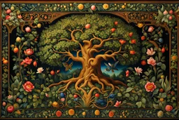 An illuminated manuscript-style border adorned with intricately illustrated botanical elements, with depictions of the tree of live as mentioned in the garden of Eden, super high detail, amazing masterpiece, detailed oil painting, deep color, intricate detail, splash screen, rich colors, 8k resolution
