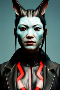 Medium Close Up Portrait, Front image. cyberpunk, rabbit mask, asian woman, leather hair. Latex suit army. white, red, color. Yakuza style. Color background, photo studio. Avatar image, highly detailed, concept art, smooth, unreal engine 5, ray tracing, RTX, lumen lighting, ultra detail, volumetric lighting, 3d, finely drawn, high definition, high resolution.