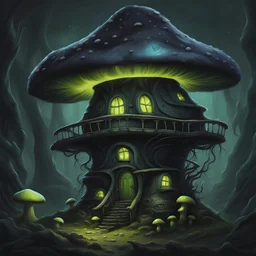 space island mushroom house. black indigo and lime colored. Detailed oil Painting, muted color, fantastical, intricate detail, splash screen, hyperdetailed, insane depth, concept art, 8k resolution, trending on artstation
