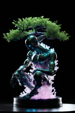 detailed photos of something full body creature humanoid made entirely of otherworldly luminescent and translucent liquid materials, sitting down metallic bonsai,realistic style, infinite ultra high definition image quality and rendering, infinite image detail, infinite realistic render, infinite realistic RTX global