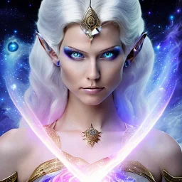 cosmic mage, elf, female, battle mage, epic, cosmic magic, long ears, white hair, face details, pale skin, jewellery, broad shoulders, glowing eyes, sharp ears, cosmic clothes, bright eyes, cosmic eyes, ears shown, light out of eyes, the cosmos in eyes, stars in eyes, shining eyes, small jaw, non human face