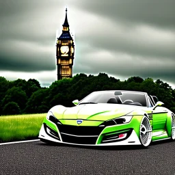 A Tesla's 'Model S Plaid' is racing at top speed, across the 'Tower Bridge', in London. CINEMATIC. WIDE ANGLE LENS.