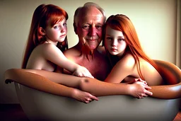 digital art of beautiful young auburn hair teenage girls with dad in the bedroom in a bathtub with grandpa hugging bare lips