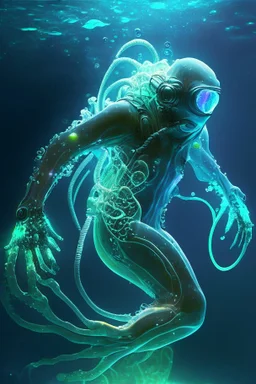 scuba diver, futuristic scuba suit, weightless swimming, bioluminescent sea, squid tentacles, translucent skin