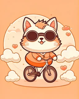 "Cute coloring pages :cute stickers, style cartoon, two-dimensional, Detailed illustration of a cute kawaii cat wearing sunglasses and riding a bicycle, with many heart-shaped clouds in the background, highly detailed, character design, Background with light brown gradient, Chibi Chara, Super Deformed Character, full body, Cute Design, Two-Dimensional, Character Design, A digital illustration of anime style, soft anime tones, by yukisakura, awesome