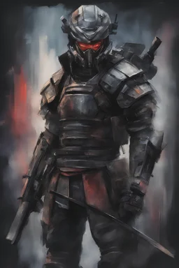 samurai cyberpunk soldier in high tech armor, watercolor style, ultra detailed character, simple background, oil painting style, dark colors, dramatic lighting